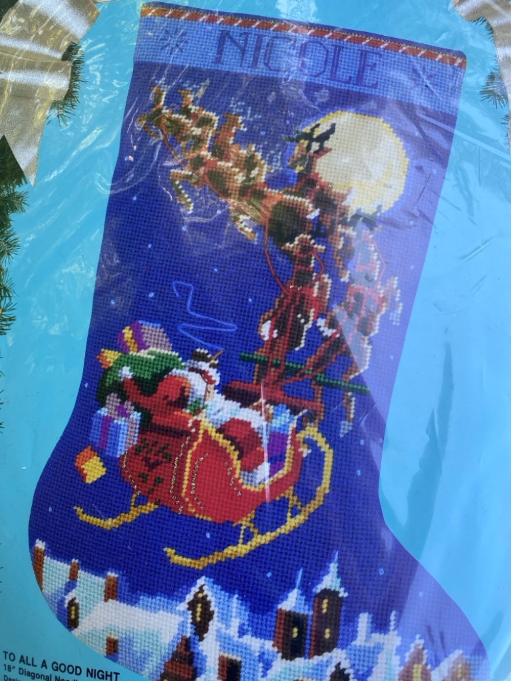 NWT Vintage Bucilla 60708 To All A Good Night 18" needlepoint stocking kit - Picture 2 of 6